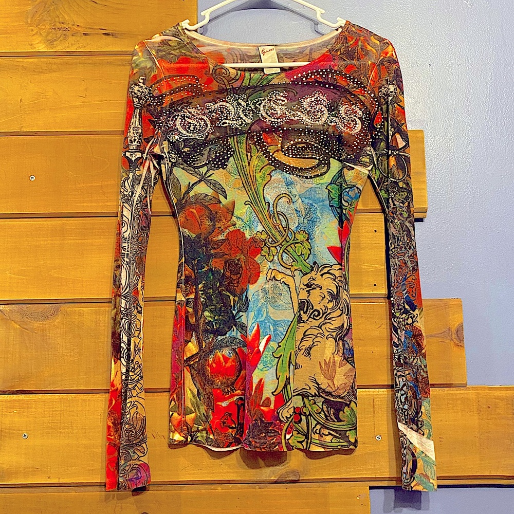 GUESS Long Sleeve Shirt w/ Rhinestones